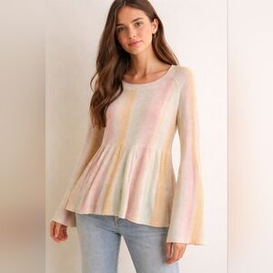 Anthropologie M Pastel Linen Blend Peplum Long Sleeve Top